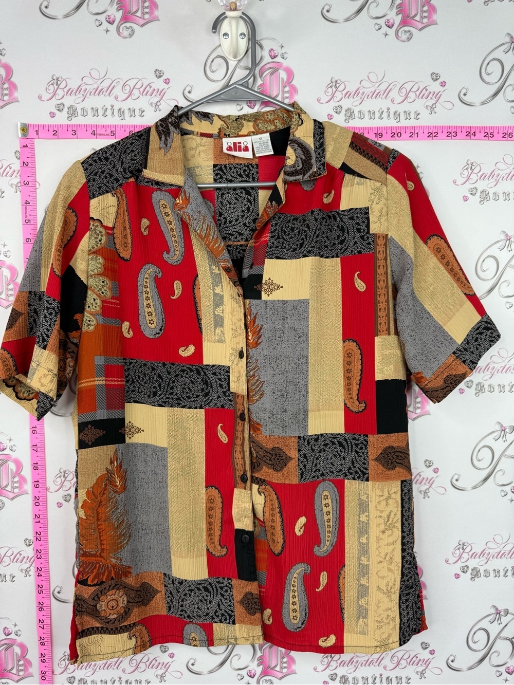 Alia shirt Patchwork Paisley Button-Down Shirt - Red/Gold/Black